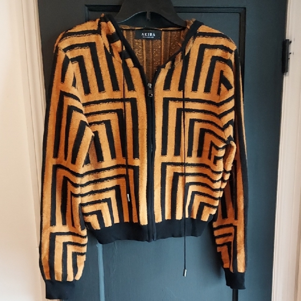AKIRA Black and Tan Geometric Zip-Up Sweater Jacket